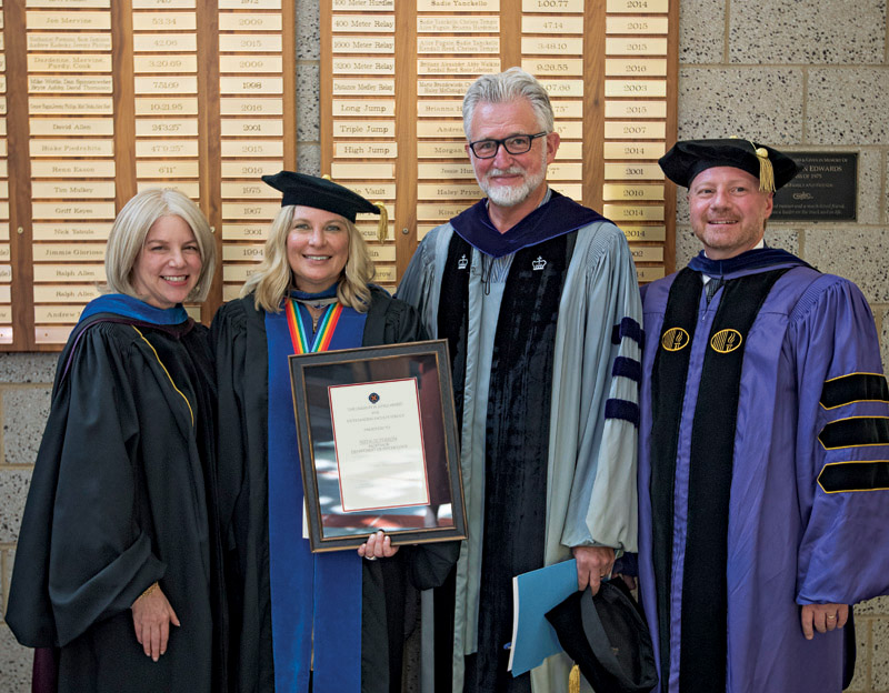 President Has at Convocation with Jameson Jones Outstanding Teaching Award recipient Dr. Natalie Person, along with Dr. Marcus Pohlmann and Dr. Milton Moreland.