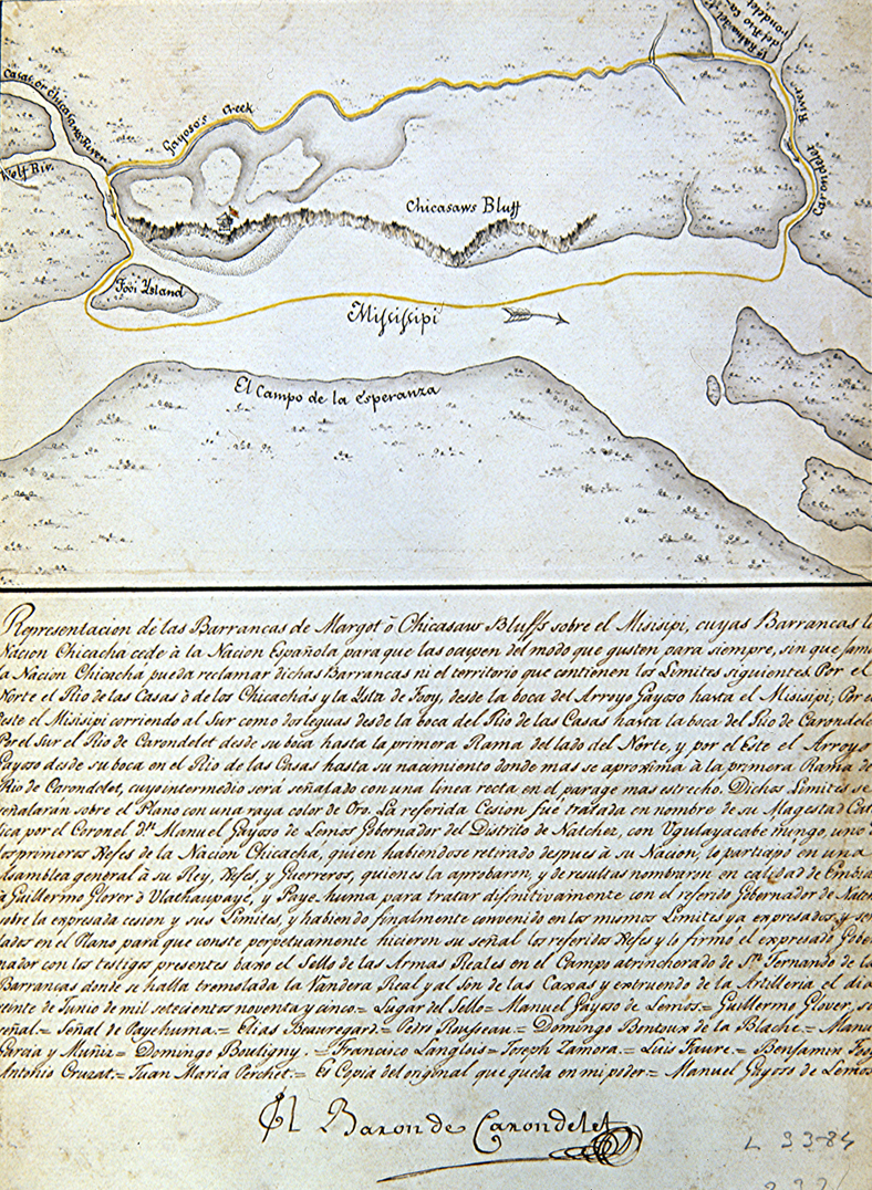 a map of the MIssissippi River bluffs from 1795 with a written explanation in Spanish