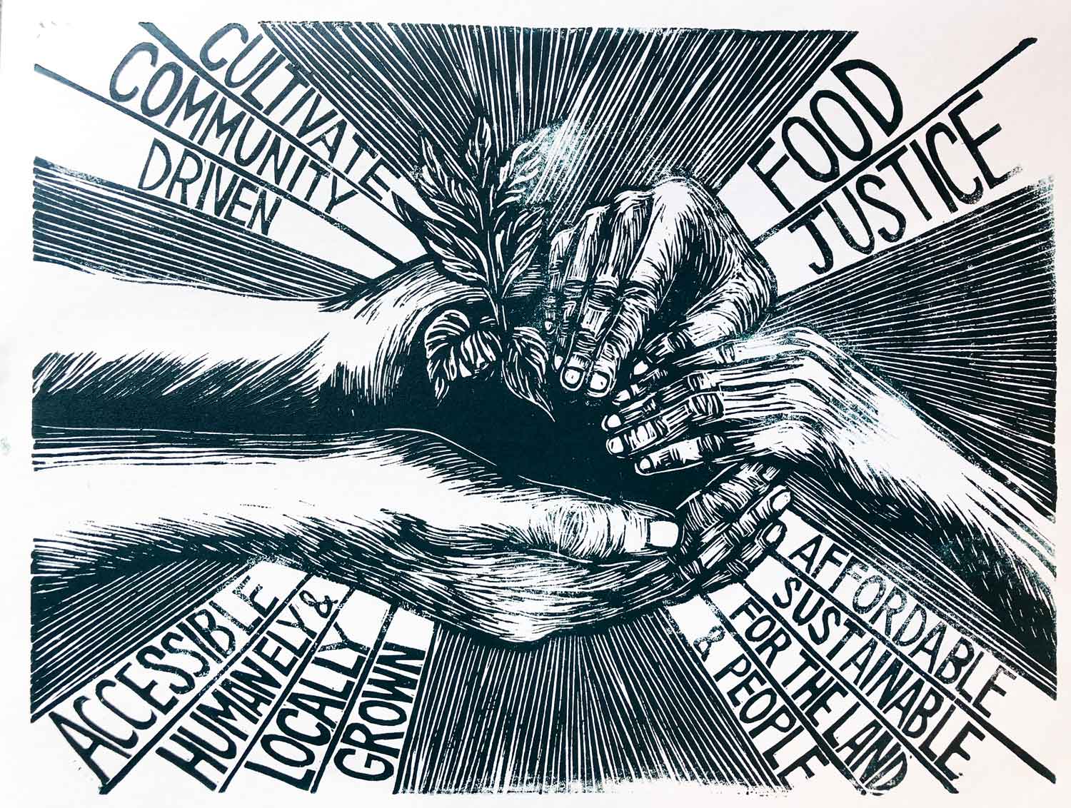 A black and white print of hands reaching in to support a plant growing in hands full of soil.