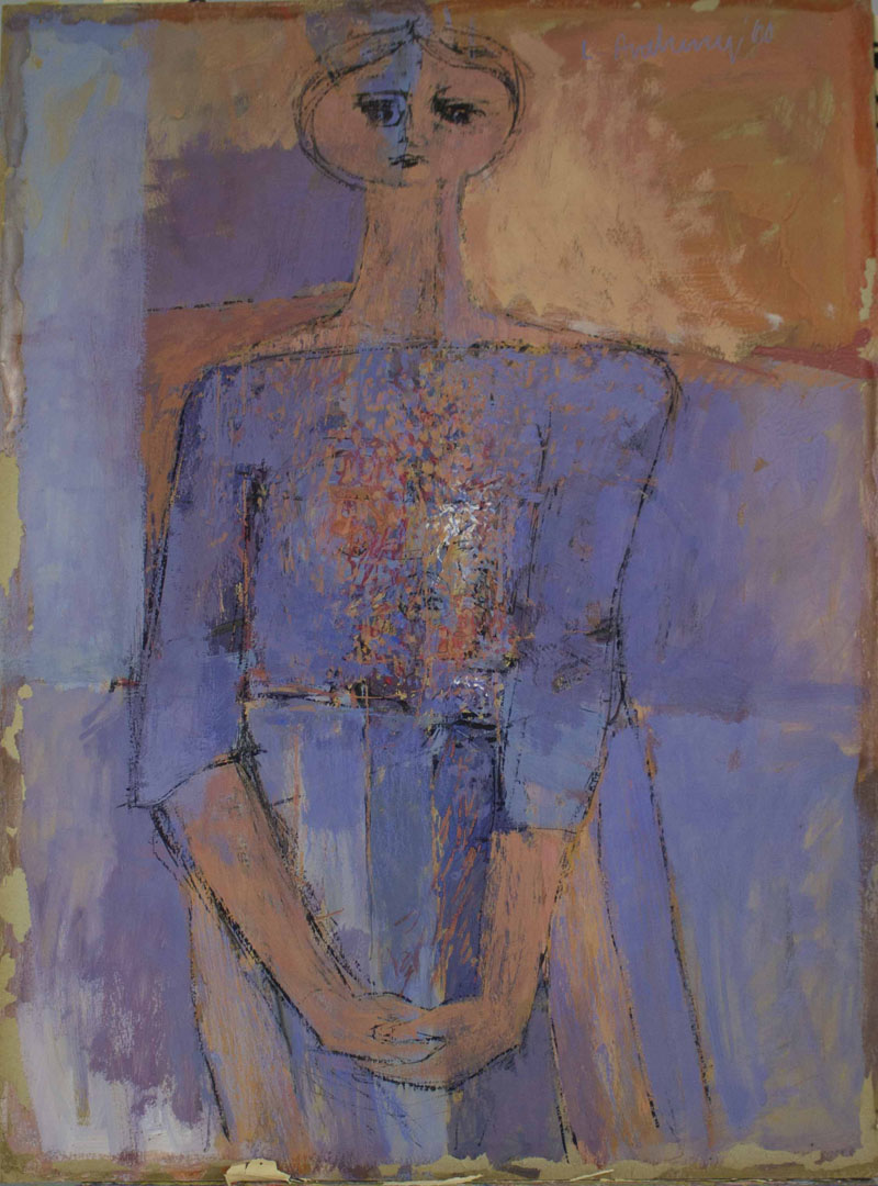 a painting in blue and orange of a stylized woman