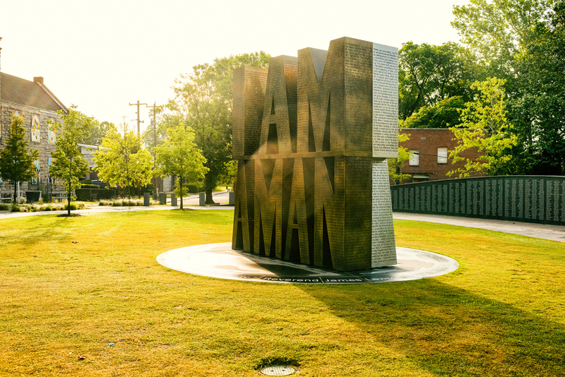 a statue of the slogan, "I am a Man"