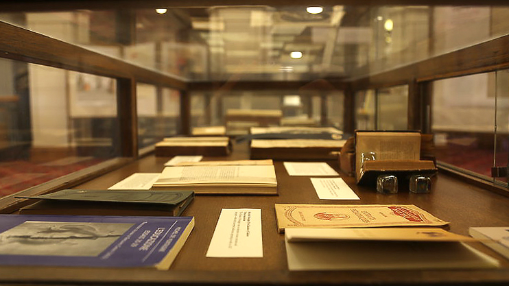 a display case with books