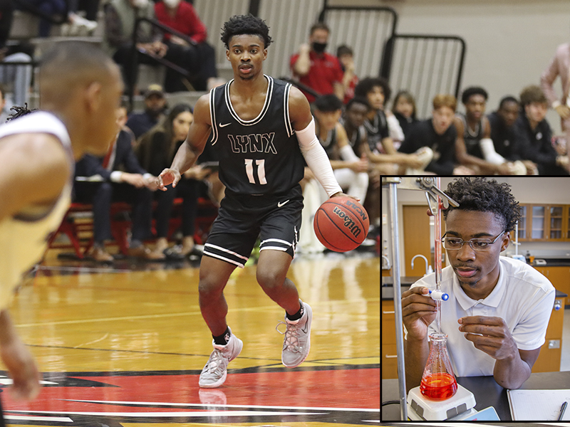 a montage of a young African American man playing basketball and working in a lab