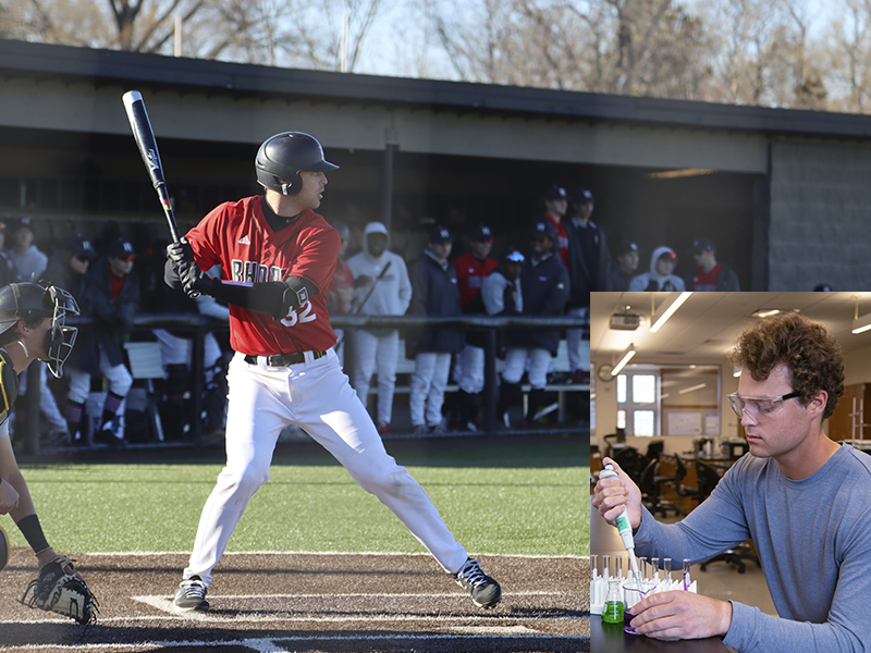 a montage photo of a young man in a lab and at bat