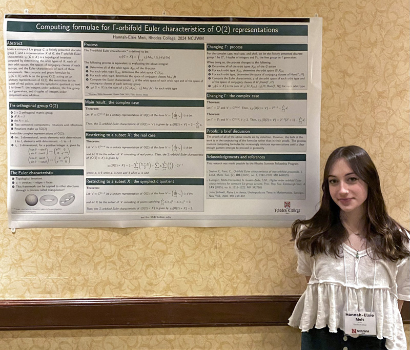 a young woman in front of a large poster with math proofs