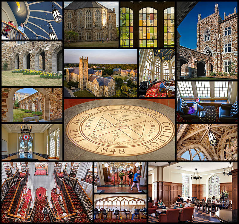 Collage of images of Barret Library at Rhodes College