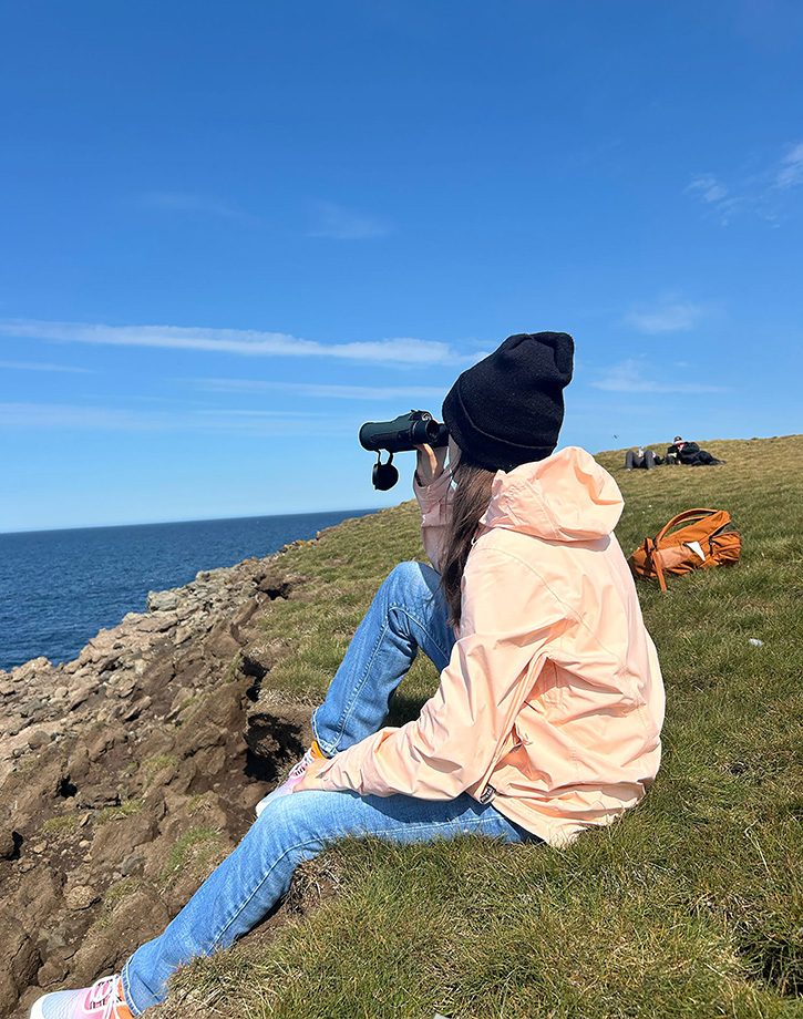 a person on a hilltop looks through binoculars