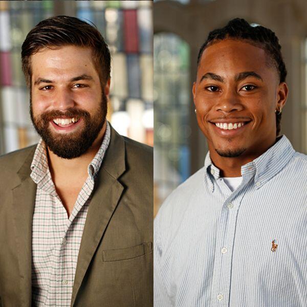 Two young men in button-down shirts smile at the camera.