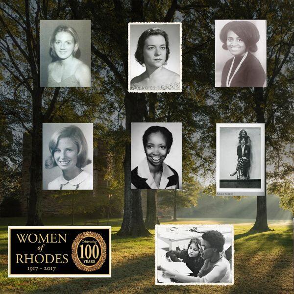 A collage of black and white photos against a backdrop of mature oak trees.