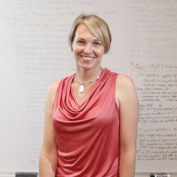 A professor stands in front of her whiteboard.