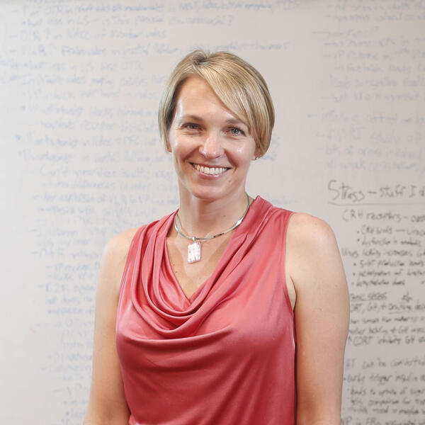 A professor stands in front of her whiteboard.