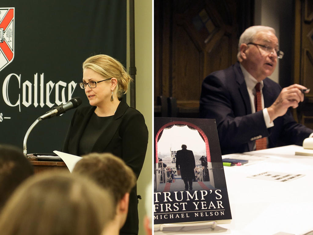A blonde female professor at a podium teaching about midterm elections and a male professor sits poised to sign a book.