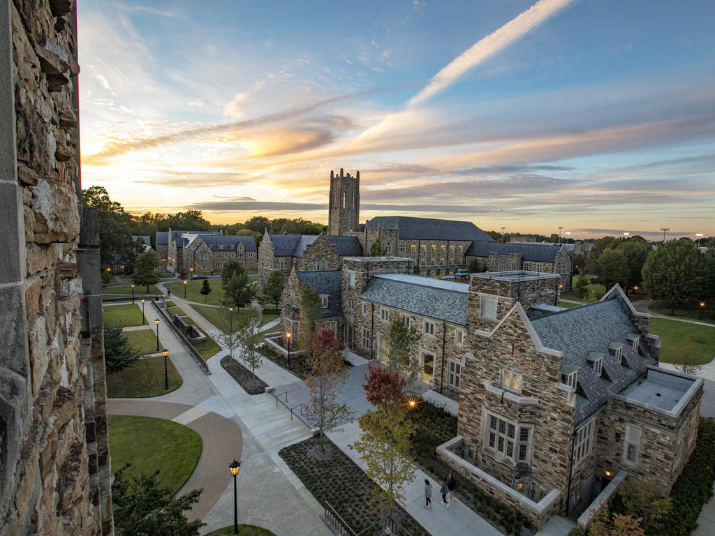 A beautiful Collegiate Gothic college campus at sunrise.