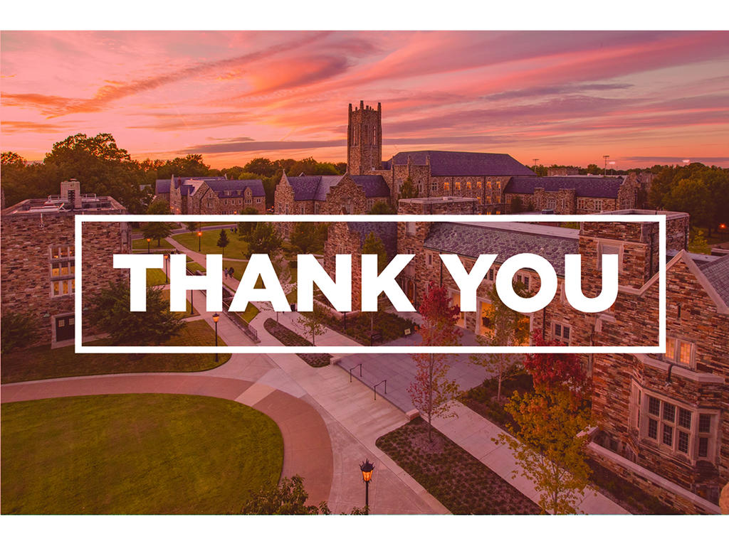 The words 'Thank You" with a scenic college campus in the background