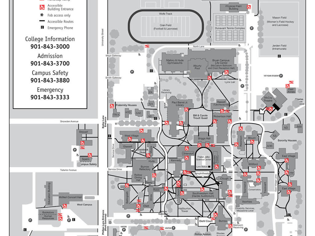 map of Rhodes campus with accessibility markers