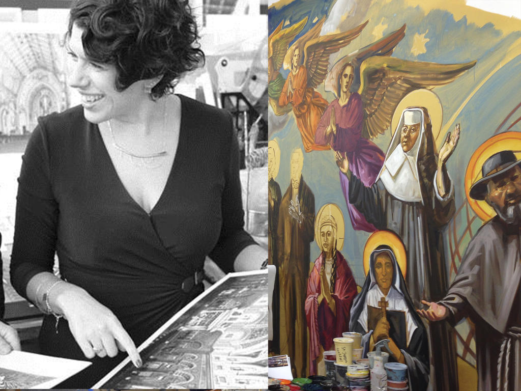 a splitscreen showing a woman with short dark hair and a religious mural being painted