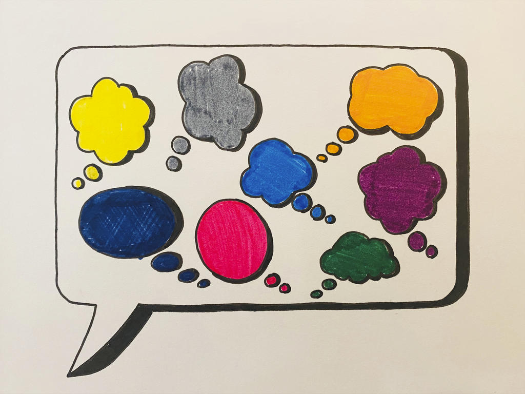 A monochromatic speech bubble containing many colorful thought bubbles.
