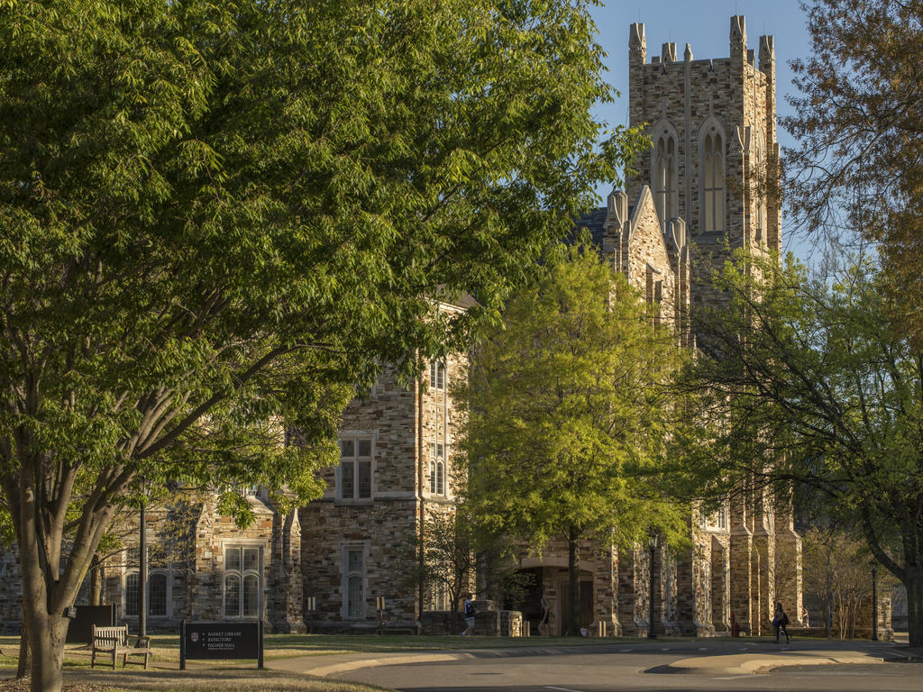 Stone buildings and trees