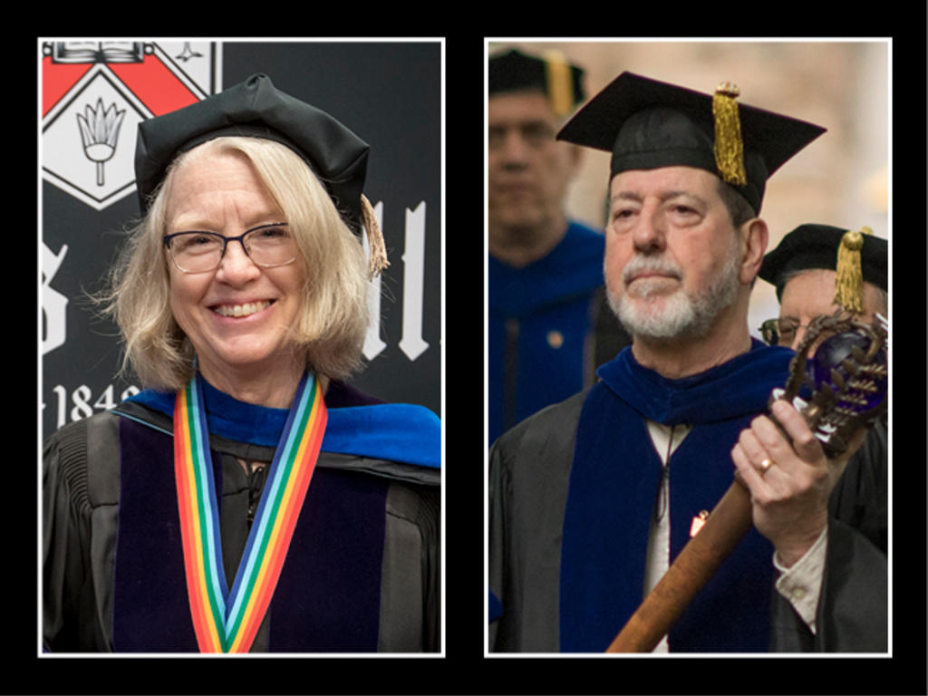 A side-by-side photo of two people in academic regalia