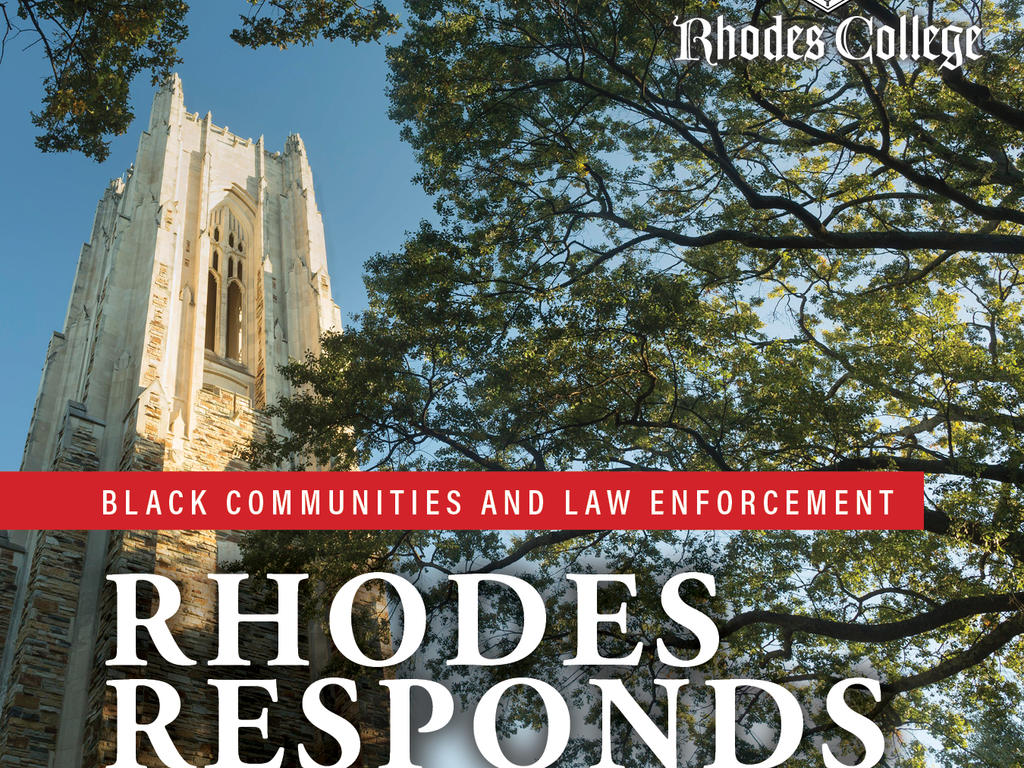 graphic that says "Rhodes Responds: Black Communities and Law Enforcement" with image of tower and tree
