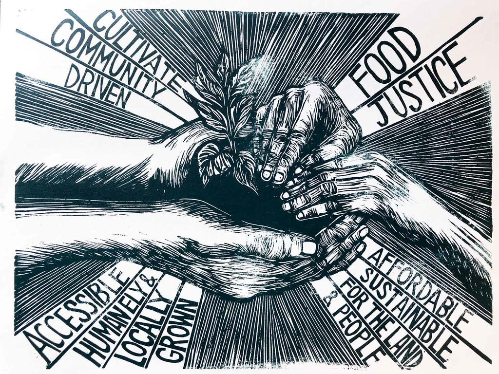 a graphic of hands working the soil and food justice logos