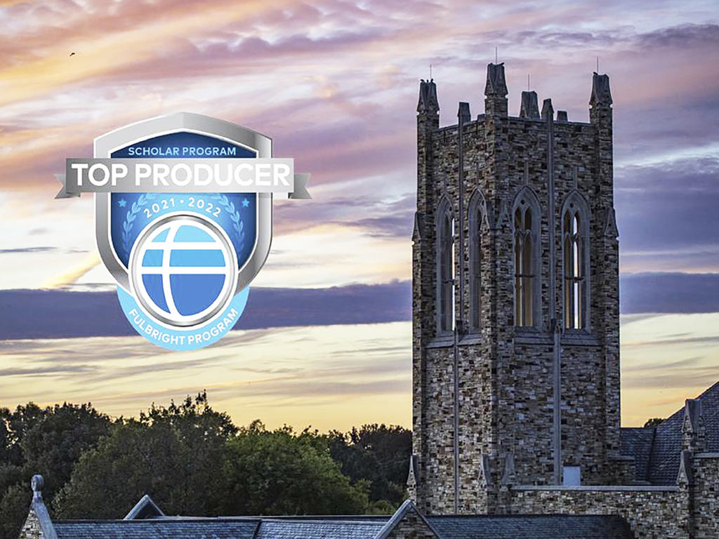 a Gothic tower with a Fulbright top-producer logo overlaid