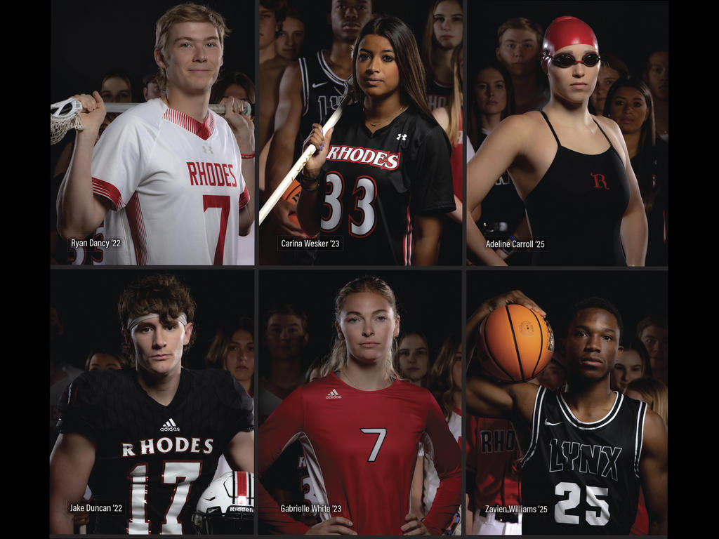 a montage of student athletes in their uniforms