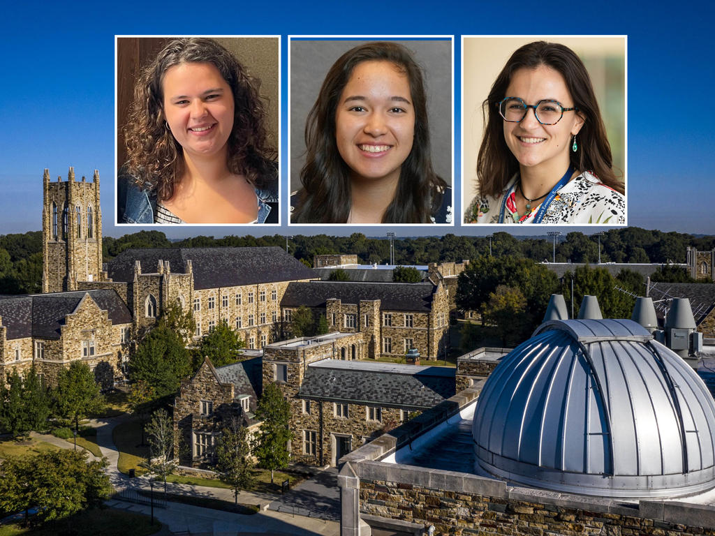 three headshots of Rhodes College students on image of campus