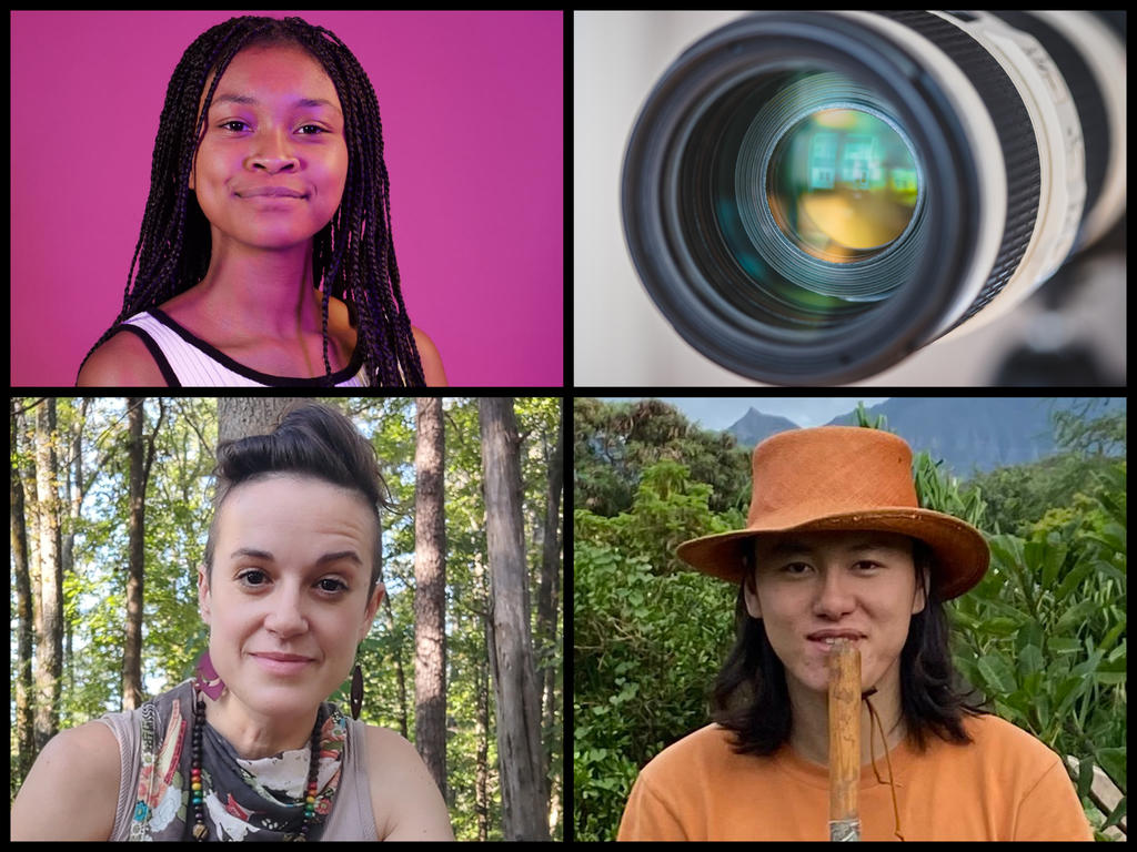 collage of three head and shoulder images of individuals from Rhodes College and a camera lens