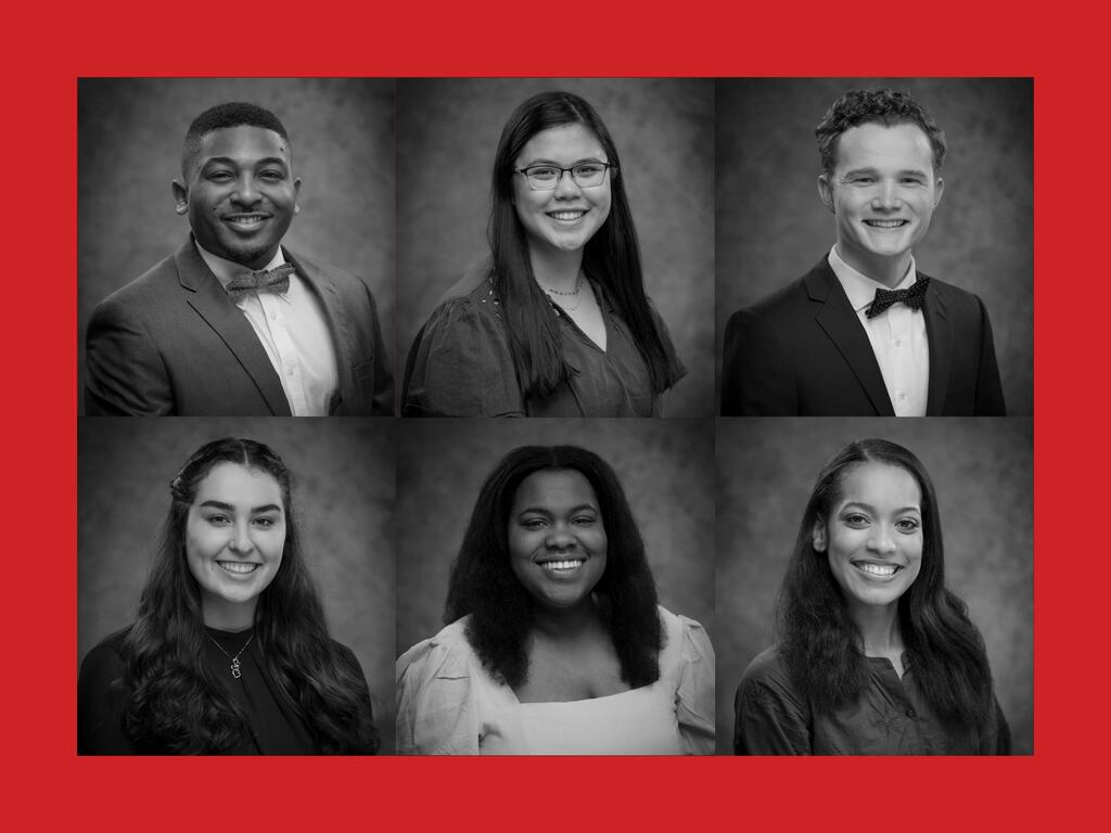 collage of head and shoulder images of six Rhodes College students