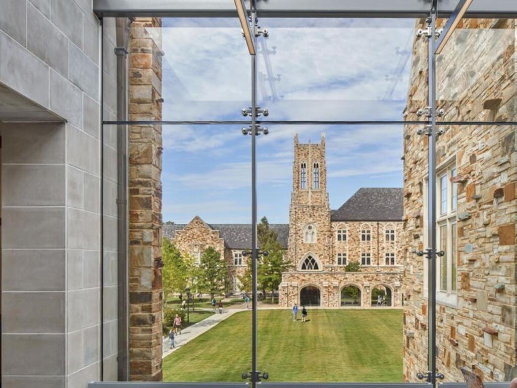 image of window showing Rhodes College campus