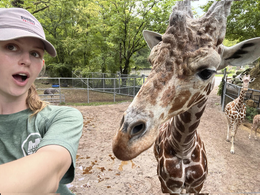 a young woman and a giraffe