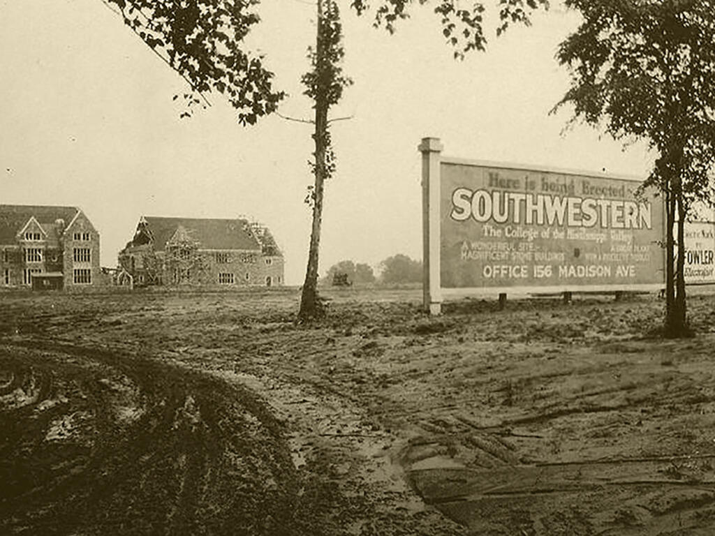 an image from the 1920s of Gothic buildings being constructed