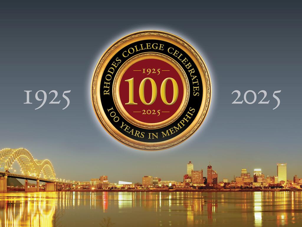 image of Rhodes College's 1925-2025 banner with an image of Memphis bridge