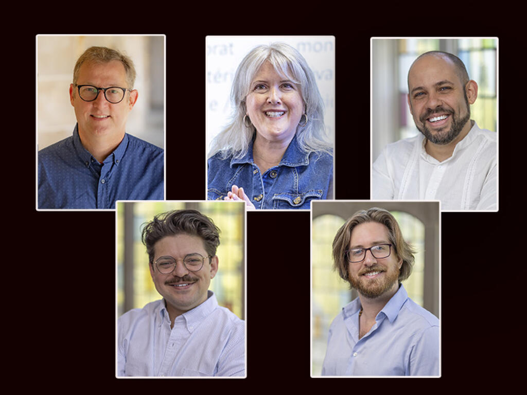 Five head and shoulder images of Rhodes professors in a collage