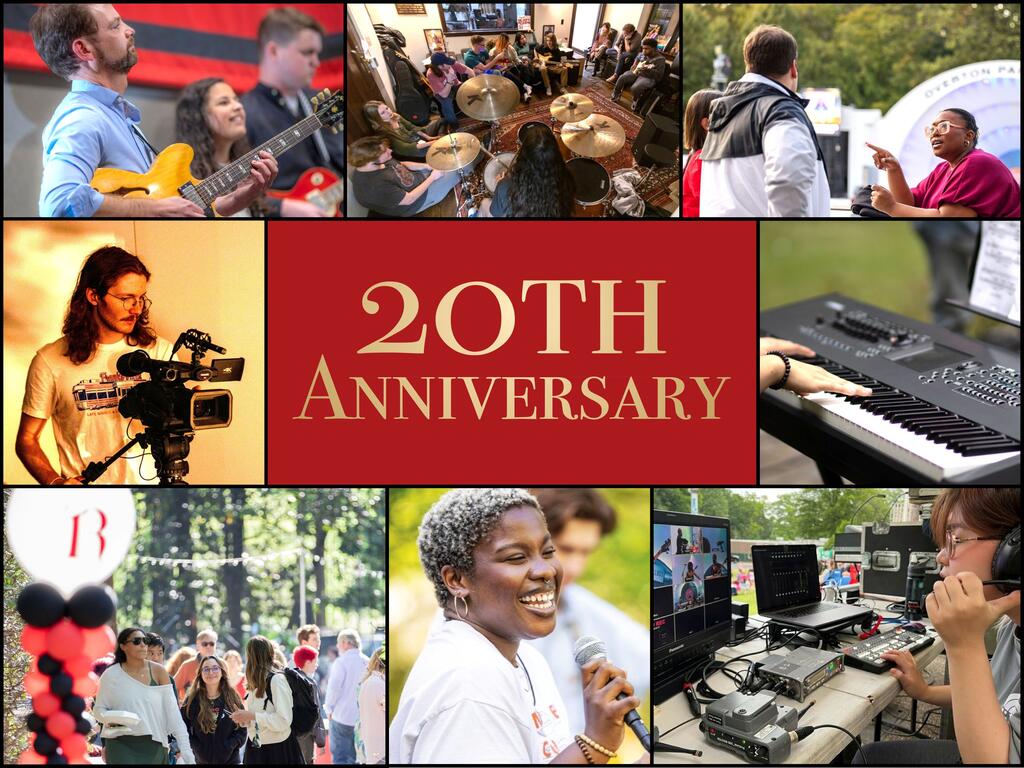 collage of Rhodes College students singing, performing, filming, and taking photos
