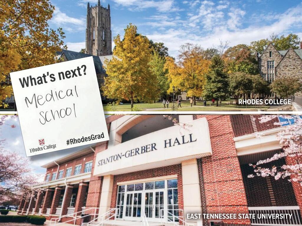 buildings at Rhodes College and East Tennessee State University
