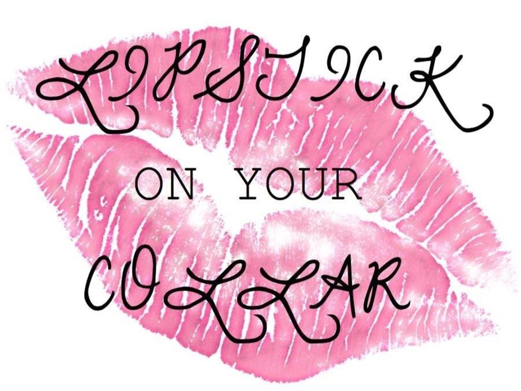 a logo of a pair of pink lips with "Lipstick on your Collar" imposed over the print