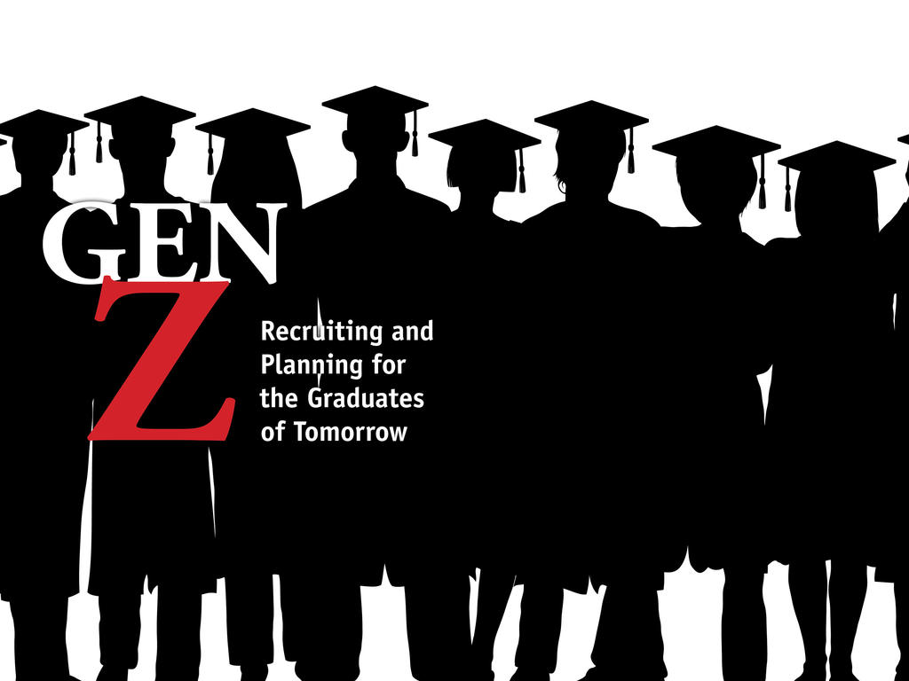 a white background with shadows of figures wearing academic robes with the text "Gen Z" over it in red