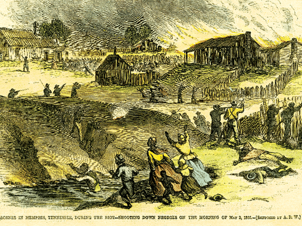 an artist rendering of a war happening in post-civil war Memphis