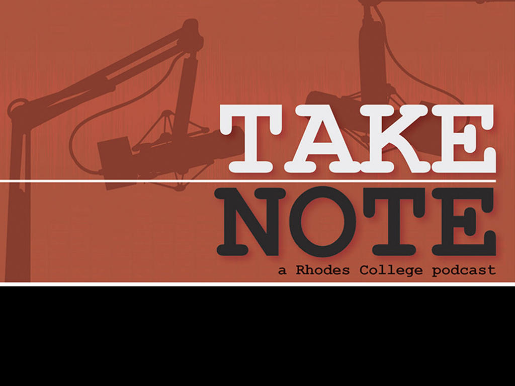 the take note logo: an image of two microphones with a red background over them and overlaying text that says "take note a Rhodes College podcast"