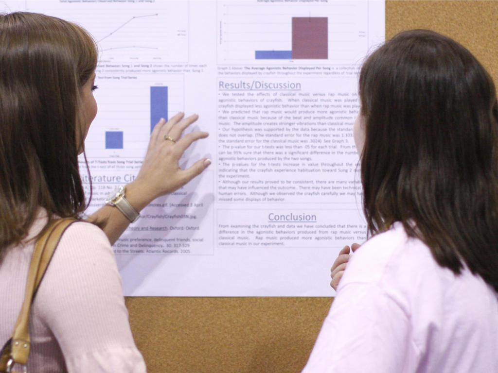 two people looking at a research poster 