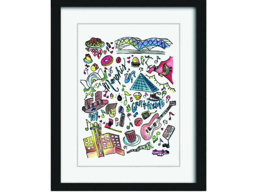 a framed print of hand-drawn and colored symbols of Memphis - a guitar, BBQ, etc.