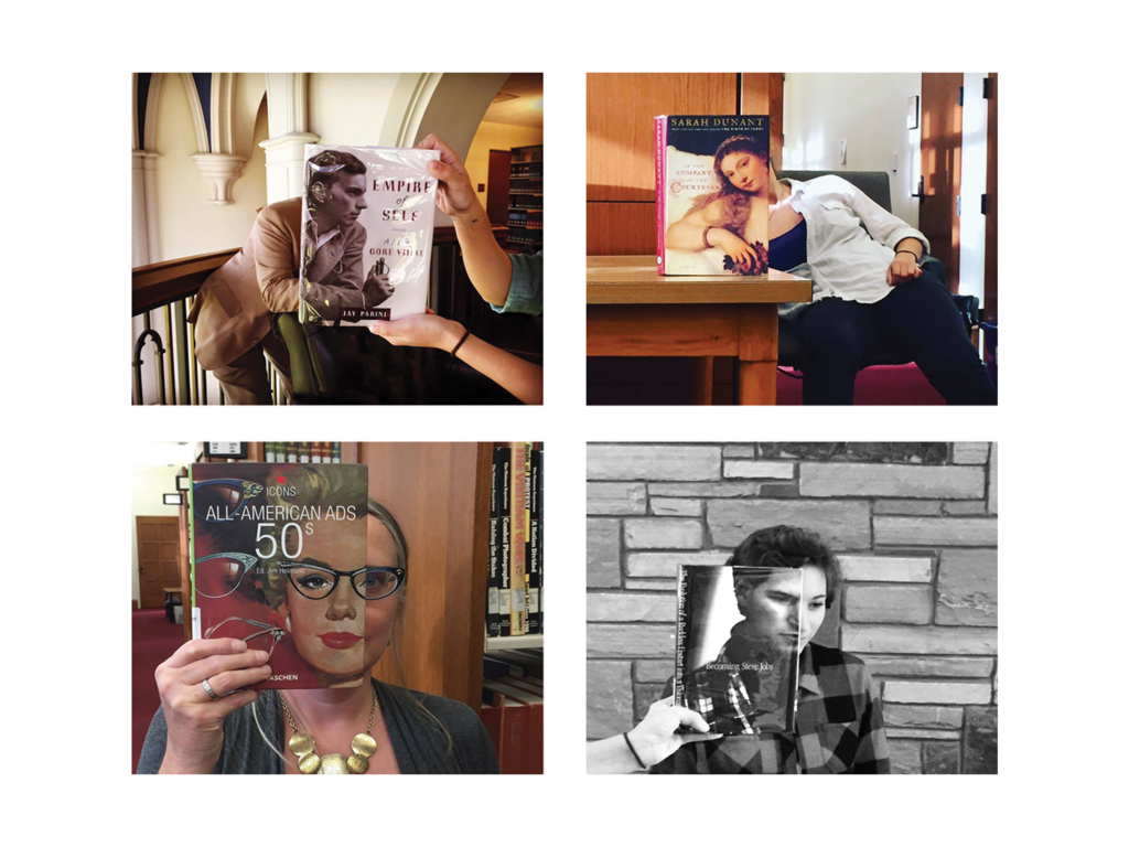 a collage of four people placing book covers in front of their faces