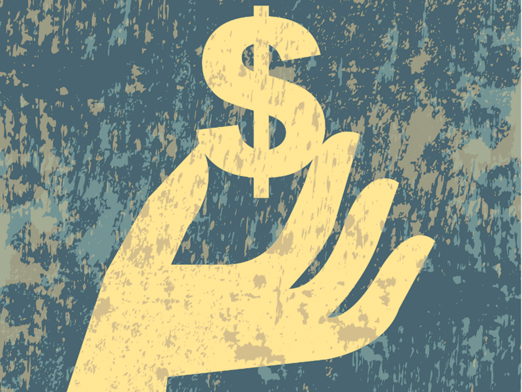 a cartoon hand holding a money sign with the index and thumb fingers to represent savings 