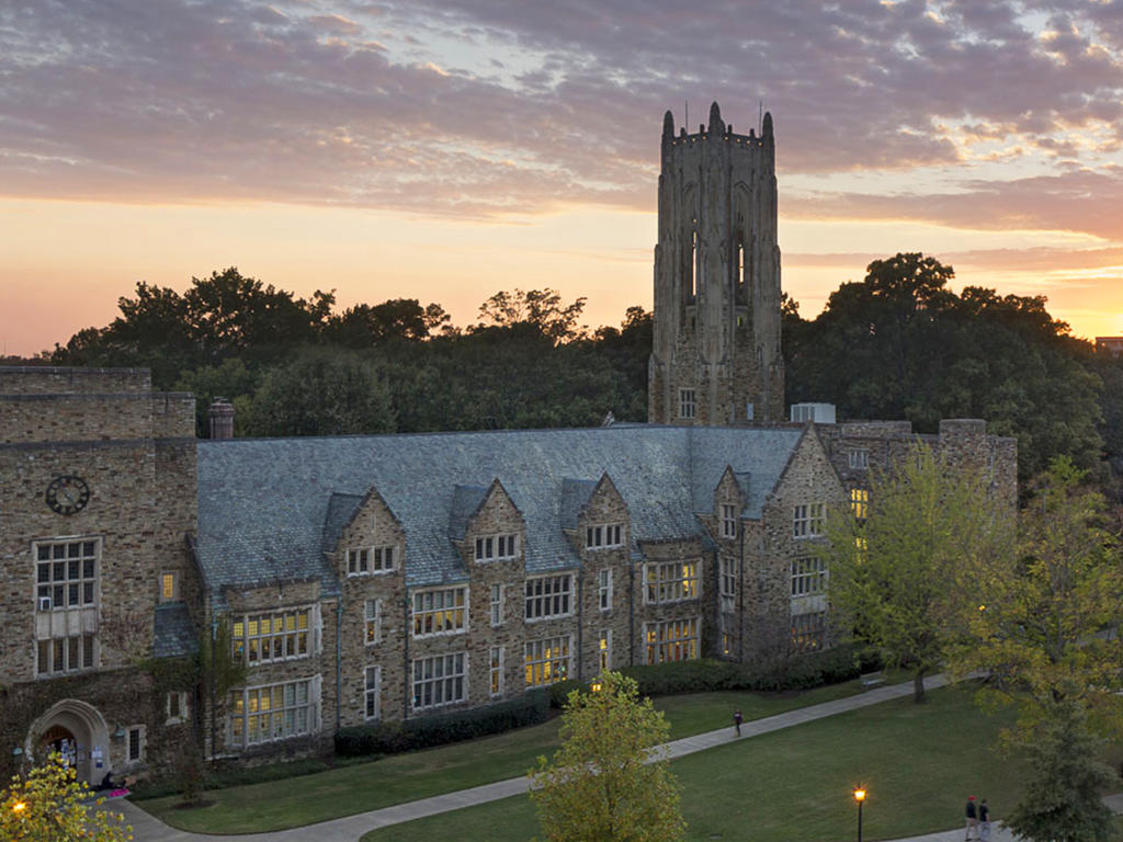 Collegiate Gothic style campus at sunset
